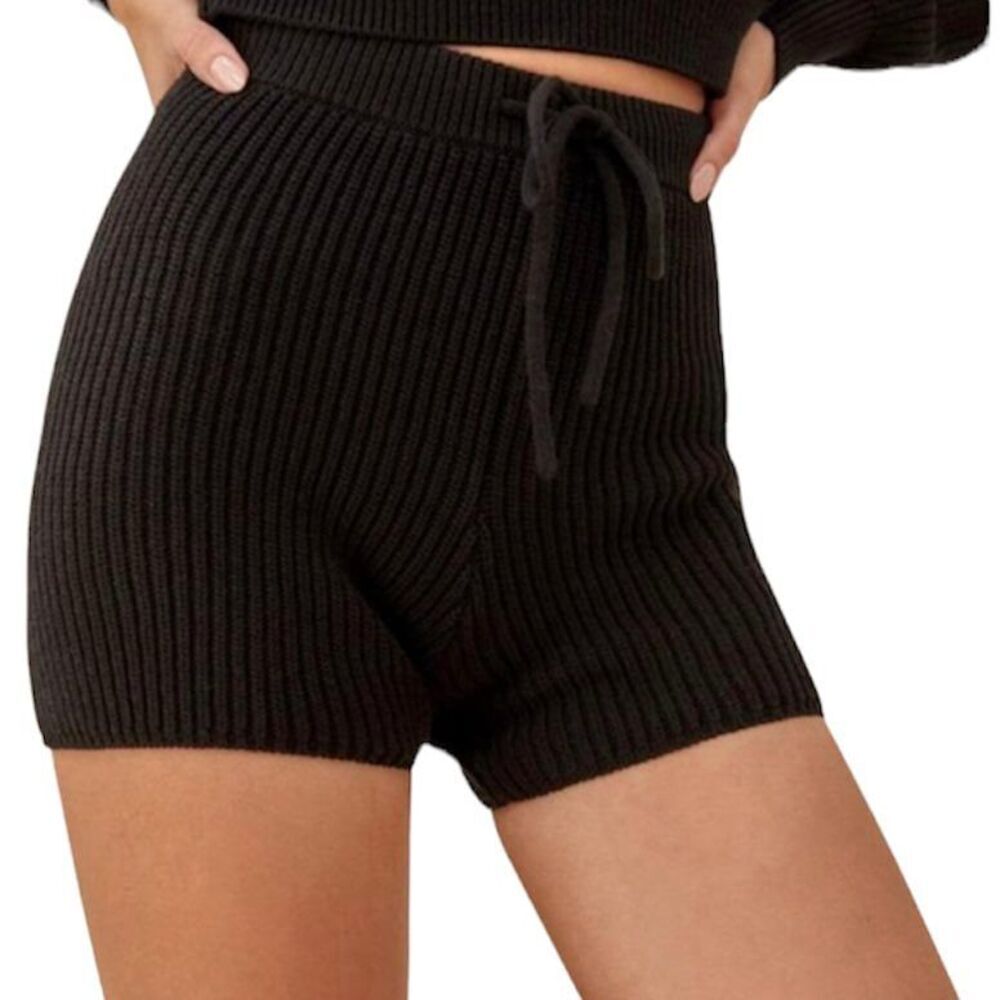 Reformation Black Cotton Ribbed Knit Shorts Xl